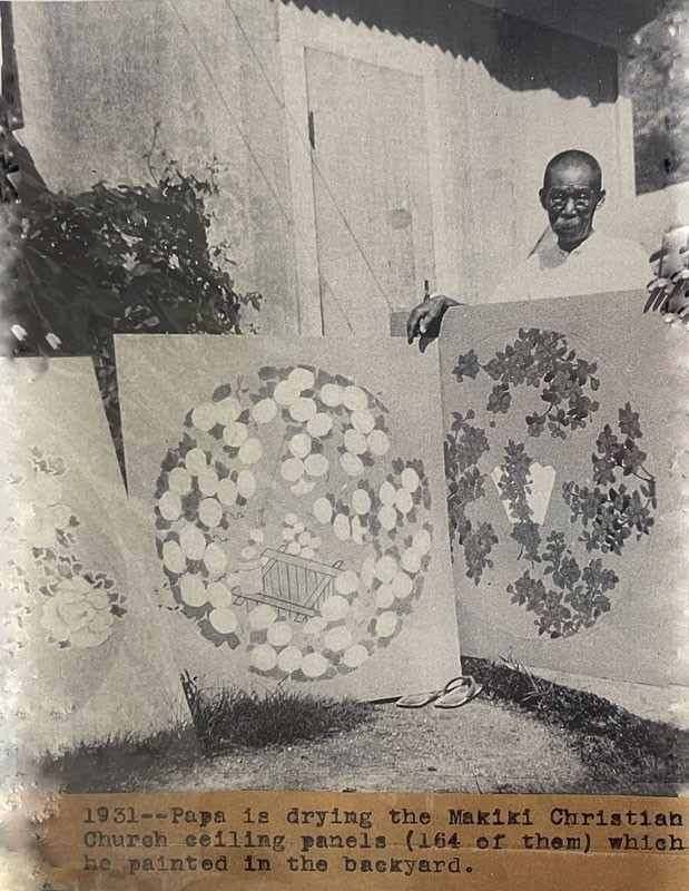1931 — Yunosuke Ogura drying the Makiki Christian ceiling panels he painted in the backyard